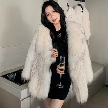 2023 Novo Chinês e coreano Moda de Rua Real Raccon Fur Casaco de Malha para as Mulheres de Outono Inverno de Luxo Mangas compridas, Casacos