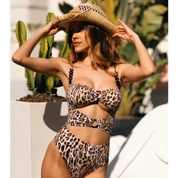 2023 Sexy Leopard Um Maiô De Peça Oca Fora Swimwear Das Mulheres De Verão Terno Push-Up Maiô Beachwear V-Pescoço Monokini