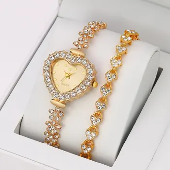 2PCS Conjunto de Mulheres de Negócios de Luxo Relógios Casuais Pulseira de Strass Senhoras Coração de Discagem Quartzo Relógios de pulso Vestido Relógio Montre Femme