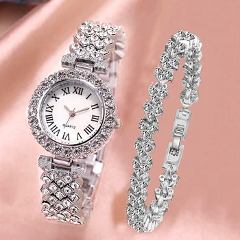 2pcs Definir o Relógio Para Mulheres Relógios de Melhor Venda de Produtos de Luxo Pulseira de Relógio Conjunto Diamante Aço Banda de Quartzo relógio de Pulso