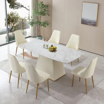 71 Polegadas de Pedra DiningTable com Carrara cor Branca e Listrada Pedestal de Base Confortável para a Sala de Jantar, Cozinha