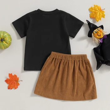 A criança de Meninas de vestidos para o Outono de Abóbora Padrão de Pescoço Tripulação T-shirt, parte Superior de Cor Sólida Saia de Veludo 2Pcs de Halloween Conjunto de Roupa de