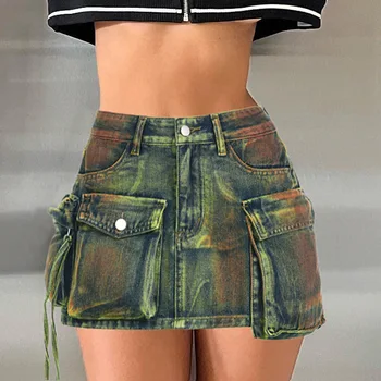 A Spice Girl que Velhas Carga Bolso Grande para Costura de Cintura Alta Jeans Saia 2023 Verão de Rua Hip Hop Slim Atirar Curto Hip-wrap Saias