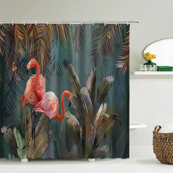 Alta Qualidade de Plantas de Flor Aves Tecido Impresso Cortinas de Chuveiro Flamingo Impermeável Cortina de Banheiro Decoração do Banheiro com 12 Ganchos
