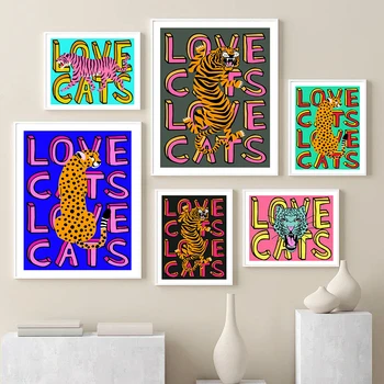 Amo Gatos, Tigre, Leopardo Retrato Azul De Arte Imprimir Desenhos De Quarto De Crianças De Parede Do Poster De Cotação Colorido Legal De Lona Da Pintura A Decoração Home