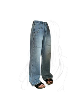 As mulheres do Vintage Cintura Alta Carga Jeans Baggy Harajuku Y2k Azul de Cowboy, Calça de Streetwear Ampla Perna Reta, Denim, Calças de Roupas
