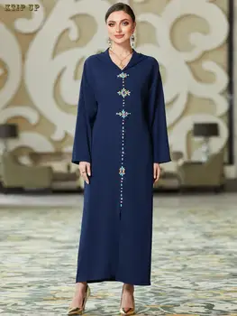 Autumn Elegance Maxi Vestidos De Mulheres De Roupas Islâmicas Dubai Abaya Turco Muçulmano De Cetim Tamanho Plus Diamante Vestido Com Capuz Manga Longa