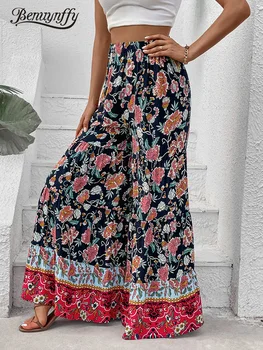 Benuynffy Estampa Floral Solta Grande Perna De Calça Para Mulheres De 2023 Boho Férias De Verão Casual Elástico Da Cintura De Calças Femininas Fundos De