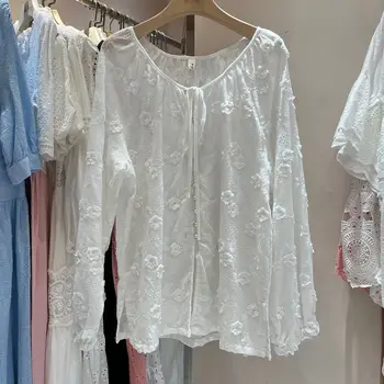 Bordado 3D Flor Mulheres Tops 2023 francês Novo Estilo Elegante Camisa Rural de Meninas, Versátil, Manga Longa, Botão de camisa Branca