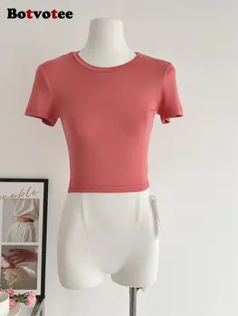 Botvotee sem encosto T-Shirts para Mulheres 2023 Moda Verão Casual Mangas Curtas Slim Crop Top Chic Vintage Sólido O Pescoço T-Shirts