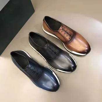 Britânico Elegantes Sapatos Oxford Para os Homens de Couro Genuíno Lace-up do Dedo do pé Redondo feito a mão Cinzento Macho Azul do Diário Casual, Tênis