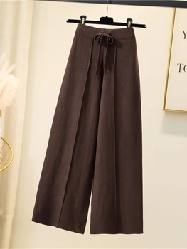 Calças para as Mulheres 2023 Outono/Inverno Novo Cintura Alta de Malha de Largura de Perna de Calça coreano Moda Casual Calças de Moletom Roupas de Mulheres
