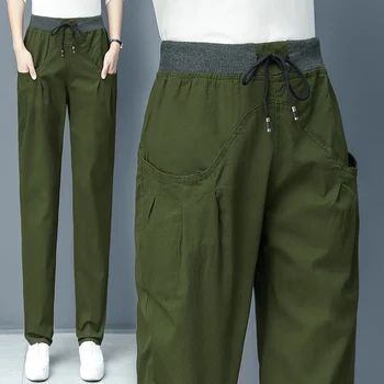 Casual Calças Femininas da Primavera Verão 2023 Nova Solto Calças de Harém Verde do Exército em linha Reta Macacão Elástico na Cintura das Mulheres Calças 5XLC555