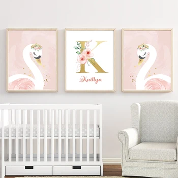 Cor-de-rosa Coroa Cisne Dourado Personalizado Baby & Kids Nome de Pôsteres e Impressões do Berçário Arte de Parede Pinturas em Tela, para Meninas, Decoração do Quarto
