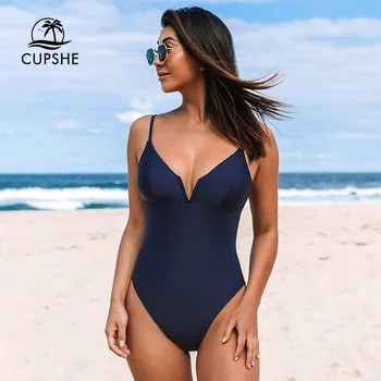CUPSHE V-Fio-decote em V nas Costas de Amarrar Um Pedaço de Maiô Para as Mulheres da Marinha Azul Sexy Monokini Swimwear 2023 Verão roupa de Banho moda praia