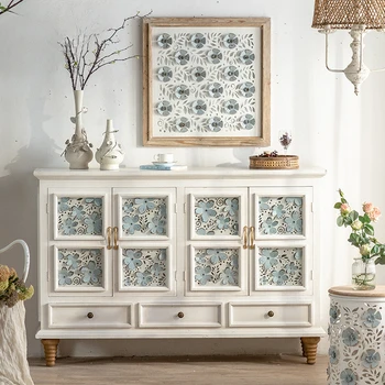 Esculpida partição varanda armário, leite branco integrada high-end armário de armazenamento, artística pastoral estilo de sala de estar sapateira