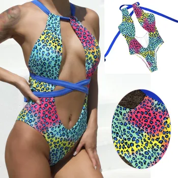 Fashion Swimwear Colorido Do Leopardo Pendurada No Pescoço Tiras Finas Maiô
