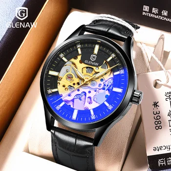 GLENAW Relógio Automático Homens Relógio Esqueleto de Moda de relógios Mecânicos de Aço Inoxidável Luxuoso Relógio à prova d'água dos Homens Reloj Hombre
