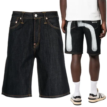 Homens Folgado Jorts Verão Streetwear Vintage Calça Curta, Calções Pretos Moda masculina Causal Denim Shorts Jeans de Impressão Solto
