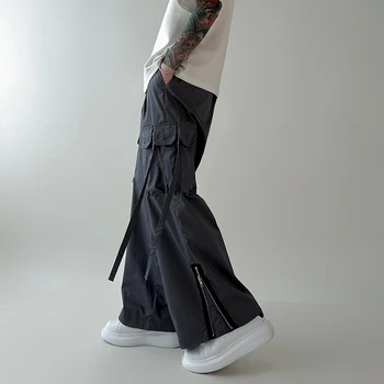 Hybskr Bolso Grande Carga Calças dos Homens Zíper Design Dividido em linha Reta do Tubo Solto e Casual Wide Leg Pants Y2k Streetwear Calças