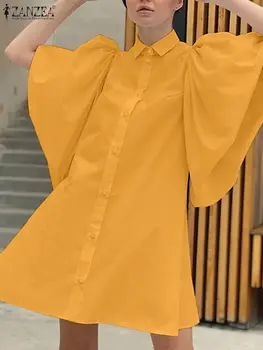 Moda Queimado Manga Mini Vestido das Mulheres de Streetwear Manto ZANZEA 2023 Verão Amarelo Shirtdress Elegante Lapela Botões Brancos Vestidos