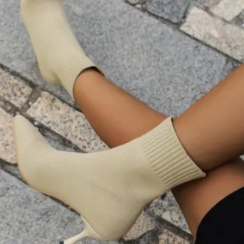 Mulheres Botas De Curto E Salto Alto Sapatos Para As Mulheres De Outono Inverno Botas Mujer De Malha Ankle Boots Preta De Meia De Mulheres Saltos De Botas Femininas