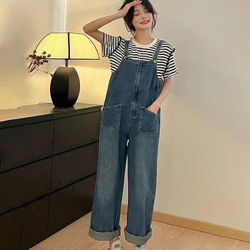 Mulheres da Moda Denim Alça de Calças Soltas, Jeans Slim Temperamento Retro Faixa de Contraste de Manga Curta T-shirt de Duas peças de Conjunto