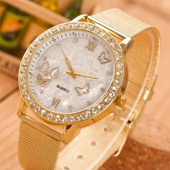 Mulheres Da Moda Quartzo Relógio De Borboleta Diamante Relógio Casual Malha Pulseira De Relógio De Pulso Feminino Presentes Relógio Feminino
