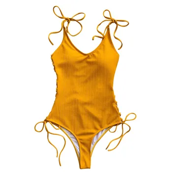 Mulheres De Tiras De Biquíni Sólido Sem Encosto Swimwear Moda Praia