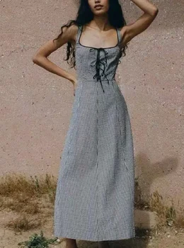 Mulheres Midi Vestido Sem Mangas Xadrez Laço Na Cintura Alta Vintage Manto
