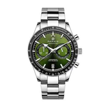 Novo PARNIS Green Dial 40mm Quartz Chronograph men's Watch Verde Pulseira de Borracha os Homens Waterproof Relógios de Luxo reloj hombre Relógio