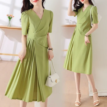 O coreano Moda Verão Plissado Vestido Longo Mulher Elegante V-pescoço Curto Mangas Preto Verde Office Senhoras Trabalho Vestido de Festa Manto