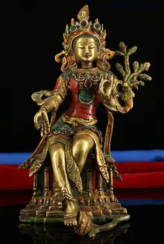 O tibete Bronze Dourado Embutimento Turquesa Gem Tara Verde Kwan-yin, Deusa Estátua de Buda