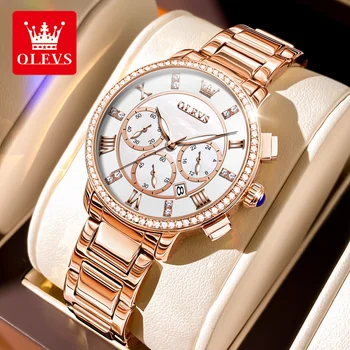 OLEVS Elegante Relógio de Quartzo para Mulheres de Ouro Rosa em Aço Inoxidável Senhoras relógio de Pulso Cronógrafo Impermeável Diamond Dial Mulheres Assista