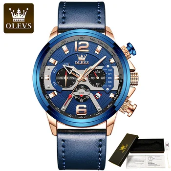 OLEVS Homens Relógios de Marca Top de Luxo de Couro Azul do Cronógrafo Relógio do Esporte Para Homens Moda Data Impermeável Relógio Reloj Hombre 9915