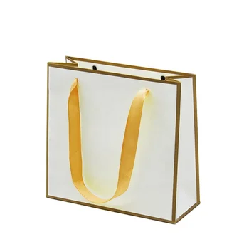 Ouro borda de embalagens eco-amigáveis flexiloop lidar com sacos brancos LOGOTIPO personalizado de pequenas jóias de compras, sacola de papel para jóias