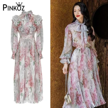Pinkoz pista designer novo e elegante florais, babados primavera verão midi vestidos de flor vestido de festa elegante veste de mulher vestidos