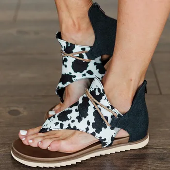 Retro Estilo Romano Zíper de Camuflagem de Mulheres Sandálias da Moda a Preto E Branco Televisão Senhora Sapatos Confortáveis Exterior Sapatos