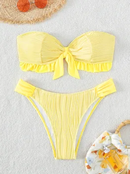 Sexy Bikini 2023 Mulheres Sólido Amarelo Arco Frontal Plissado Push-Up Micro Maiô Verão Maiô Fio Dental Swimwear Moda Praia
