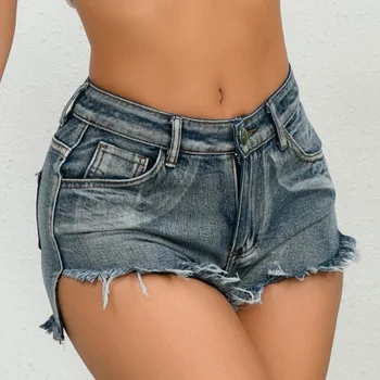 Sexy Cintura Alta de Mulheres Shorts Jeans 2023 Verão de Tecido Denim Quebrado Buraco Splicing irregular Shorts Senhoras Skinny Super Curto Jean
