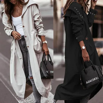 Trench Coat Para as Mulheres Roupas de Streetwear Casual Grande Lapela Comprimento Médio de Moda de Longa Duração Sólido, Com Bolsos das Mulheres Casacos