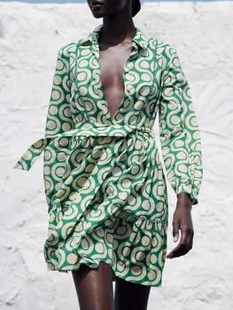 TRÁFICO de 2023 Verão as Mulheres Impresso Vestidos Com Cinto de Novo e Elegante Único Breasted Praia Estilo de Mini-Vestido de Festa A-linha Vestidos