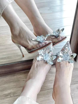 Vestido de festa de Sapatos de Cristal Clássico de Noiva Bombas Dedo Apontado PVC Transparente Sandálias de salto alto de pedra de Strass de Flor Saltos Estrelas