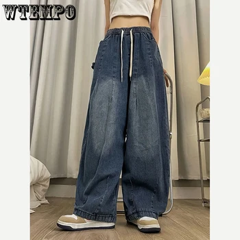 WTEMPO Mulheres do Novo coreano Baggy Jeans Feminino Moda Americana Retro Perna Larga Cordão de Jeans, Calças Y2K Streetwear Azul Jeans