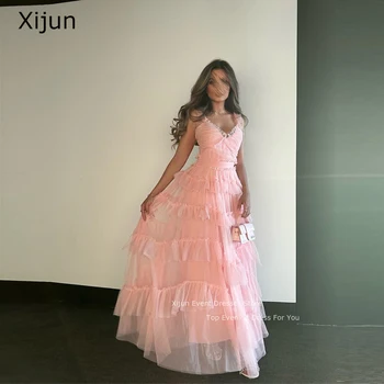 Xijun Tule Blush Cor-De-Rosa Vestidos De Noite Arábia Arabric Mulheres Com Decote Em V Pregas Vestidos De Baile De Uma Linha De Camadas De Baile, Vestido De Vestidos De Festa 2023