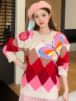 Y2K coreano Moda Xadrez tamanho grande Beading Bordado de Borboleta Floral Camisola Mulheres Harajuku Apliques Jumper Feminino de Lã Tops